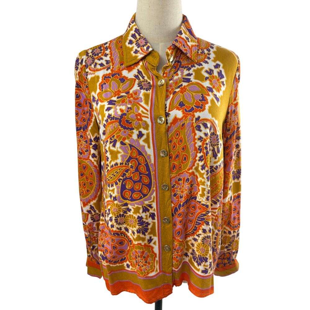 Rachel Zoe Boho Floral Top with Gold Buttons and Back Pleat, Size Small